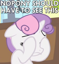 Size: 640x700 | Tagged: safe, screencap, sweetie belle, somepony to watch over me, caption, covering eyes, double facehoof, facehoof, image macro, reaction image, solo