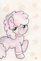 Size: 716x1059 | Tagged: safe, artist:slightlyshade, cheerilee, chest fluff, collar, flower, flower in hair, fluffy, looking at you, solo, traditional art