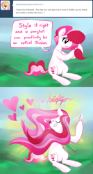 Size: 700x1302 | Tagged: safe, artist:peachiekeenie, plumsweet, earth pony, pony, ask, ask plumsweet, comic, female, flowing mane, hairflip, heart, long mane, solo, tumblr