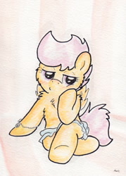 Size: 719x1007 | Tagged: safe, artist:slightlyshade, scootaloo, pegasus, pony, blushing, bracelet, chest fluff, clothes, filly, fluffy, pose, skirt, skirtaloo, solo, traditional art