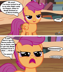 Size: 1280x1468 | Tagged: safe, scootaloo, australia, exploitable meme, flight camp, kiwi, meme, new zealand, scootachicken