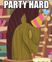 Size: 368x442 | Tagged: safe, edit, edited screencap, screencap, book, bookshelf, caption, hat, image macro, meme, party hat, statue, text