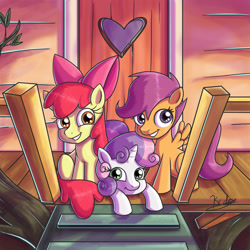 Size: 1024x1024 | Tagged: safe, artist:kcday, apple bloom, scootaloo, sweetie belle, clubhouse, crusaders clubhouse, cutie mark crusaders, smiling