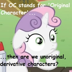 Size: 500x500 | Tagged: safe, sweetie belle, oc, pony, unicorn, comic sans, exploitable meme, female, filly, horn, image macro, language, meme, solo, sudden clarity sweetie belle, text, two toned mane, white coat, wide eyes