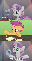 Size: 870x1674 | Tagged: safe, edit, edited screencap, screencap, scootaloo, sweetie belle, pegasus, pony, unicorn, bloom and gloom, bad sweetie belle joke, duo, female, filly, foal, kung pow, master pain, meme, screencap comic, unamused