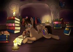 Size: 4200x2993 | Tagged: safe, artist:standard-fiend, oc, oc only, pegasus, pony, book, candle, fire, male, ponysona, prone, quill, smiling, solo, stallion, wing hands, wings, writing