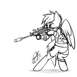 Size: 1500x1500 | Tagged: safe, artist:yunguy1, pegasus, pony, ar15, bipedal, clothes, gun, military, military pony, monochrome, socks, solo, vest