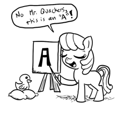 Size: 640x600 | Tagged: safe, artist:ficficponyfic, cheerilee, foal, monochrome, rubber duck