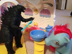 Size: 400x300 | Tagged: safe, kaiju, pony, g1, godzilla, godzilla (monsterverse), godzilla (series), godzilla 2014, irl, photo, toy