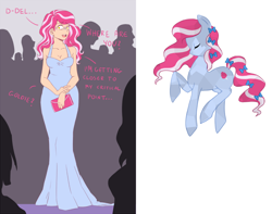 Size: 900x709 | Tagged: safe, artist:pikokko, oc, oc only, oc:cotton candy, crystal pony, earth pony, human, pony, clothes, crystallized, dress, humanized, humanized oc, kilalaverse, loose hair, nervous, offspring, panic attack, parent:pinkie pie, parent:pokey pierce, parents:pokeypie