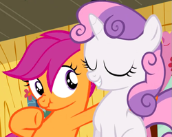 Size: 663x528 | Tagged: safe, screencap, scootaloo, sweetie belle, sleepless in ponyville, cropped, eyes closed, nose wrinkle, scrunchy face