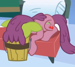 Size: 618x554 | Tagged: safe, screencap, earth pony, pony, applebuck season, background pony, baked bads, bucket, cherry punch, cropped, female, green face, mare, nauseous, sick, solo, vomiting