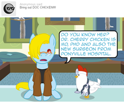 Size: 540x450 | Tagged: safe, artist:aha-mccoy, oc, oc only, oc:tony starkehuf, chicken, earth pony, pony, nopony-ask-mclovin, ask, hair over one eye, male, speech bubble, stallion, stethoscope, tumblr