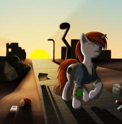 Size: 1407x1437 | Tagged: safe, artist:rainihorn, oc, oc only, oc:littlepip, pony, unicorn, fallout equestria, chest fluff, clothes, cutie mark, eyes closed, fallout, fanfic, fanfic art, female, hooves, horn, mare, pipbuck, ruins, solo, sun, trash, vault suit, wasteland