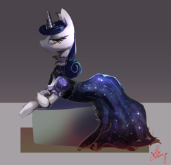 Size: 4462x4307 | Tagged: safe, artist:alumx, moonlight raven, pony, unicorn, canterlot boutique, 30 minute art challenge, absurd resolution, clothes, dress, female, goth pony, mare, over the moon, prone, solo