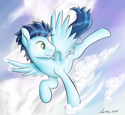 Size: 1439x1320 | Tagged: safe, artist:lardon-draconis, soarin', cloud, cloudy, flying, sky, solo