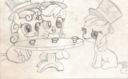 Size: 2420x1505 | Tagged: safe, artist:chronicle23, apple bloom, scootaloo, sweetie belle, cutie mark crusaders, hat, monochrome, monocle, sitting, tea party, top hat, traditional art