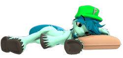 Size: 1905x897 | Tagged: safe, artist:sherfur, oc, oc only, oc:pouncer, earth pony, pony, 3d, hat, male, pillow, resting, simple background, sleepy, solo, stallion, transparent background, underhoof, unshorn fetlocks