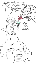 Size: 583x1024 | Tagged: safe, artist:nobody, princess ember, spike, dragon, allergic reaction, blushing, comic, crying, dialogue, drool, flower, open mouth, pointing, sketch, smiling, wide eyes