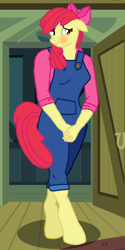 Size: 2200x4400 | Tagged: safe, alternate version, artist:flyingbrickanimation, apple bloom, anthro, earth pony, unguligrade anthro, .zip file at source, adult, blushing, clothes, covering, floppy ears, hooves, multiple variants, older, overalls, questionable source, shirt, solo