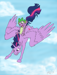 Size: 1487x1937 | Tagged: safe, artist:carnivorouscaribou, spike, twilight sparkle, twilight sparkle (alicorn), alicorn, dragon, pony, cute, dragons riding ponies, female, flying, mare