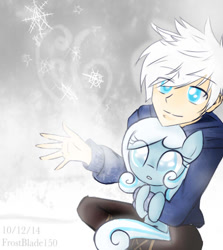 Size: 470x528 | Tagged: safe, artist:frostsentry150, oc, oc:snowdrop, human, pony, crossover, cute, holding a pony, jack frost, rise of the guardians, snowbetes