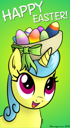 Size: 829x1505 | Tagged: safe, artist:bluemeganium, lemon hearts, cute, easter, easter egg, egg, fluffy, gradient background, happy, head carry, lemonbetes, signature, smiling