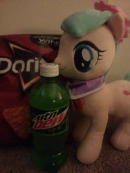 Size: 1000x1333 | Tagged: safe, artist:onlyfactory, coco pommel, bootleg, doritos, irl, mountain dew, photo, plushie