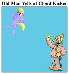 Size: 420x450 | Tagged: safe, cloud kicker, abe simpson, angry, cane, caption, glasses, grampa simpson, happy, headline, image macro, meme, old man yells at cloud, open mouth, simpsons did it, the simpsons