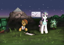 Size: 2000x1416 | Tagged: safe, artist:rainihorn, button mash, sweetie belle, grass, minecraft, pickaxe, stars, sword, tree