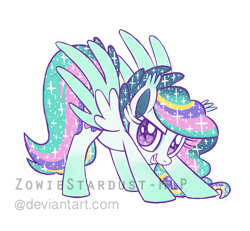 Size: 1024x946 | Tagged: safe, artist:zowiestardust-mlp, oc, oc only, oc:glitter glam, pegasus, ear fluff, grin, looking at you, smirk, solo, sparkles, spread wings, watermark, wingding eyes