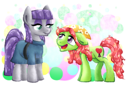 Size: 1024x692 | Tagged: safe, artist:snowzahedghog, maud pie, tree hugger, earth pony, pony, clothes, duo, duo female, female, gray coat, green coat, mare, open mouth, purple mane, purple tail, two toned mane, two toned tail