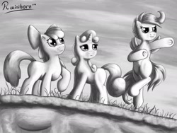 Size: 2048x1536 | Tagged: safe, artist:rainihorn, apple bloom, scootaloo, sweetie belle, unicorn, cutie mark crusaders, monochrome, raised hoof