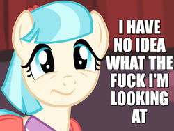 Size: 640x480 | Tagged: safe, screencap, coco pommel, rarity takes manehattan, caption, confused, image macro, reaction image, solo, vulgar