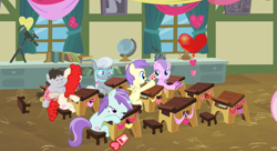 Size: 961x522 | Tagged: safe, screencap, alula, diamond tiara, liza doolots, petunia, silver spoon, tootsie flute, truffle shuffle, twist, pony, hearts and hooves day (episode), background pony, classroom, colt, female, filly, hearts and hooves day, hug, male