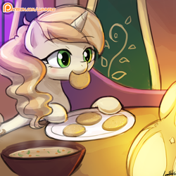 Size: 750x750 | Tagged: safe, artist:lumineko, sweet biscuit, pony, unicorn, spice up your life, adorabiscuit, cookie, curry, cute, female, food, mare, mouth hold, nom, patreon, patreon logo, solo