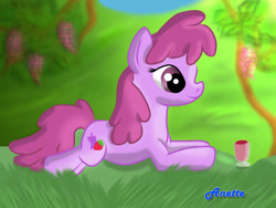 Size: 1000x750 | Tagged: safe, artist:anna-krylova, berry punch, berryshine, drink, grapes, prone, solo