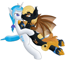 Size: 960x800 | Tagged: safe, artist:timid tracks, oc, oc only, oc:bubble lee, oc:gent lee, oc:regina liliac, bat pony, pony, unicorn, cuddling, female, lying down, male, on back, rule 63, snuggling, straight