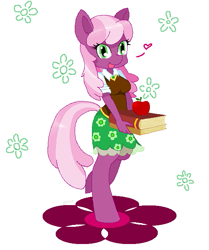 Size: 559x668 | Tagged: safe, artist:sasinun, cheerilee, anthro, earth pony, unguligrade anthro, apple, book, cheeribetes, clothes, cute, dress, equestria girls outfit, female, happy, heart, looking at you, open mouth, skirt, smiling, solo, sweater vest