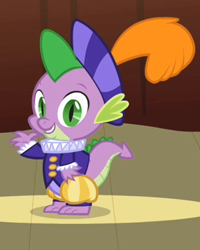 Size: 286x357 | Tagged: safe, screencap, spike, dragon, hearth's warming eve (episode), clothes, costume, hearth's warming eve, narrator, outfit catalog, ruff (clothing), solo