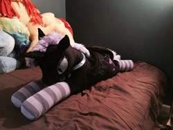 Size: 1632x1224 | Tagged: safe, artist:neysanight, nightmare moon, clothes, cute, irl, photo, plushie, prone, socks, solo, striped socks