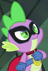 Size: 478x698 | Tagged: safe, screencap, humdrum, spike, dragon, power ponies (episode), clothes, costume, power ponies, solo