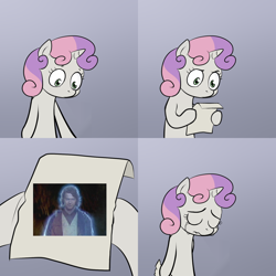 Size: 1024x1024 | Tagged: safe, sweetie belle, pony, unicorn, anakin skywalker, bipedal, crying, exploitable meme, female, filly, gradient background, hayden christensen, hoof hold, horn, letter, meme, paper, solo, special edition, star wars, sweetie's note meme, two toned hair, white coat