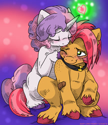 Size: 866x1000 | Tagged: safe, artist:kaemantis, babs seed, sweetie belle, alternate universe, babsbelle, bandage, bandaid, blushing, collar, cute, eyes closed, female, heart, lesbian, licking, one eye closed, shipping, sitting, tongue out, weapons-grade cute