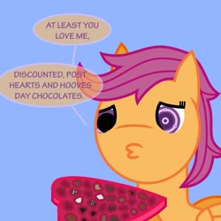 Size: 600x600 | Tagged: safe, artist:scootaloo009, scootaloo, chocolates, forever alone, meme, post valentinesday