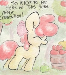 Size: 690x785 | Tagged: safe, artist:slightlyshade, apple bloom, 2015, apple, galacon, galacon 2015, pun, solo, that pony sure does love apples, traditional art