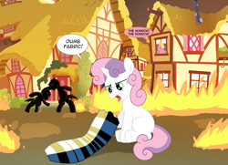 Size: 1800x1300 | Tagged: safe, artist:edowaado, lily, lily valley, sweetie belle, clothes, dress, dumb fabric, fire, meme, pyro belle, the horror, white and gold or black and blue dress meme