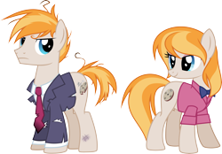 Size: 7904x5500 | Tagged: safe, artist:sonnatora, oc, oc only, oc:lalla riddles, oc:thomas riddles, earth pony, pony, absurd resolution, clothes, frown, glare, messy mane, simple background, smirk, torn clothes, transparent background, vector