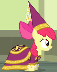 Size: 189x238 | Tagged: safe, screencap, apple bloom, for whom the sweetie belle toils, clothes, costume, dress, hat, hennin, play, school play, solo