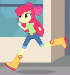 Size: 534x572 | Tagged: safe, screencap, apple bloom, equestria girls, music to my ears, rainbow rocks, boots, clothes, female, running, shoes, short pants, smiling, solo